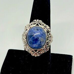 Beautiful Vintage Silver Ring With Blue Marbled Stone